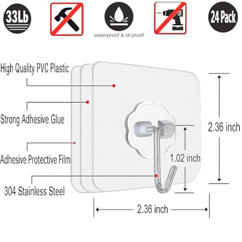 24 Pack Adhesive Wall Hooks 33LB Heavy Duty No Drill Clear Sticky Hooks