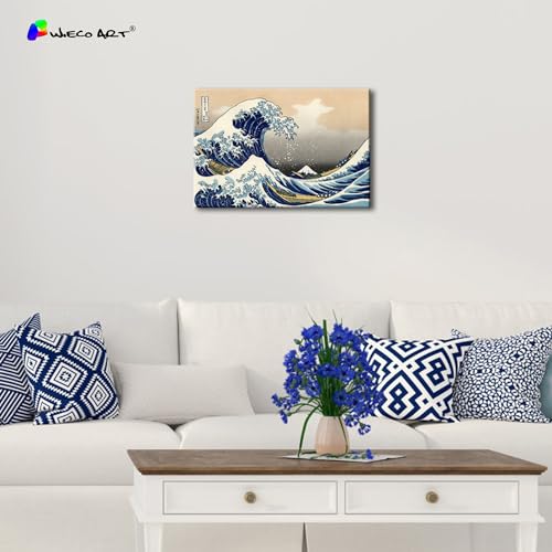 Wieco Art Canvas Prints Wall Art Ocean Beach Picture Paintings for Home Office Decorations Wall Decor Great Wave of Kanagawa Katsushika Hokusai Modern Stretched and Framed Landscape Sea Artwork - size: 16"L x 10.8"W