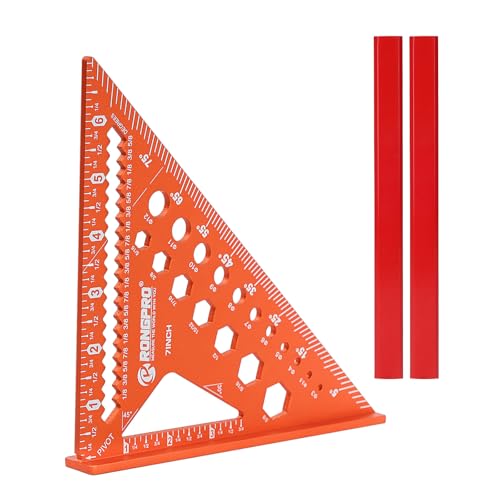 6-in-1 Carpenter Square 7 inch, Aluminum Rafter Square, Multi-Purpose Carpenter Tools : Wrench, Square, Protractor, Ruler,Marking Gauge, Drill Gauge, Includes 2pcs Carpentry Pencil - size: 7inch