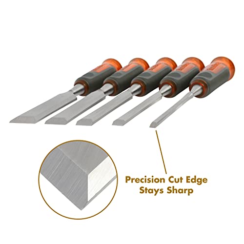 Buck Bros. 74850 5-Pc Wood Chisel Set, Full Tang Wood Chisel Sets, Woodworking Tools for Carpentry, Trim, and DIY Projects, Beveled Edge Chisels, Hardened Steel Blades, Non-Slip Handles, Storage Case - size: 5-Piece Set