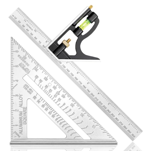 Combination Square 12 Inch and 7 Inch Carpenter Square Tool Set | Aluminum Rafter Square for Framing, Adjustable Combo Square with Stainless Steel Ruler for Carpentry and Woodworking
