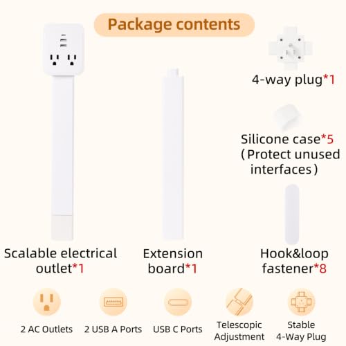 Outlet Extender 17-41in，Upgrade Stable USB-A&USB-C Wall Outlet Extender Made of Fireproof Material，Wall Plug Extender Anti-Wires-Chaos，with 4 Fixed Angles Suit for Outlet Behind Desk, Sofa（White） - color: White 17-41in