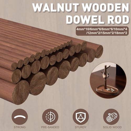 32Pcs 7 Size Walnut Wooden Dowel Rods 11.8 Inch Long Wooden Dowel Rods Sticks 4/6/8/10/12/15/18mm Wood Sticks for Crafts Unfinished Round Sticks for Crafts and Woodworking Building Material - size: 11.8inch