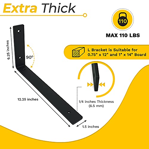 1/4" Thk Heavy Duty Shelf Brackets, 12.25" X 6.25", 4 Pack - Max. 110lb - size: 12.25"X6.25"