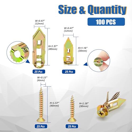 100Pcs 4 Sizes Drywall Anchors Heavy Duty Metal 66LB - size: 100Pcs 12*30&12*40