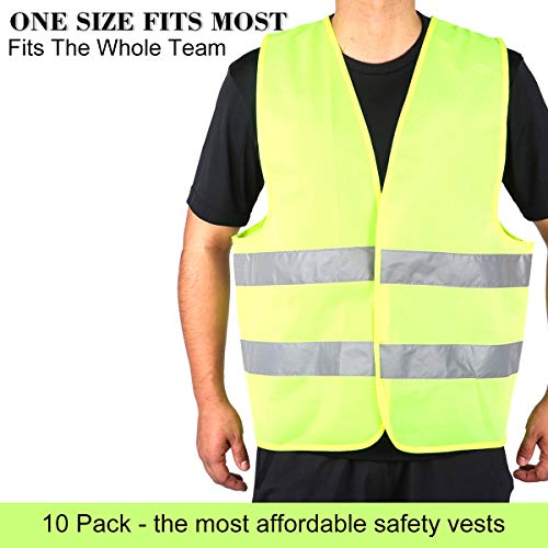 DUSKCOVE 10 Pack High Visibility Safety Vest for Traffic Work, Running, Surveyor and Security Guard - Construction Vest with 2 Reflective Strips, Made from Breathable and Neon Yellow Mesh Fabric - color: Neon Yellow