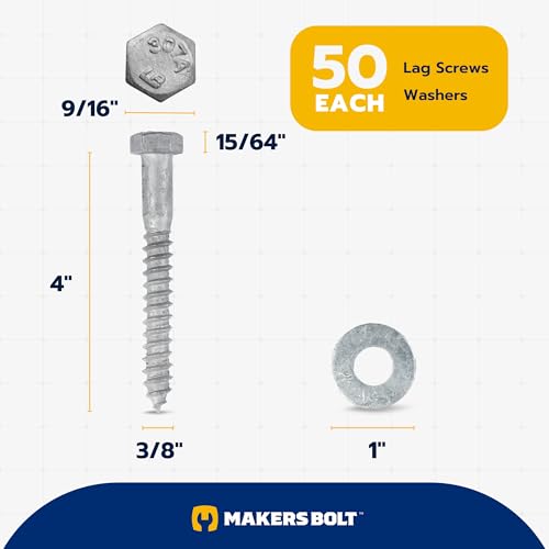 3/8 x 4 (50 Pack) Lag Screw Kit, 50 Screws and 50 washers, Hot Dip Galvanized, Meets ASME B18.2.1 Industrial/Commercial Grade by Makers Bolt - size: 3/8 x 4