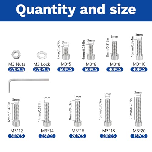 850Pcs M3 201 Stainless Steel Hex Socket Cap Bolt & Nut Set - size: M3x5/6/8/10/12/14/16/18/20-850Pcs