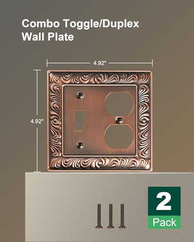 2-Pack Paisley Pattern Metal Combo Toggle/Duplex Light Switch Cover Plate | Decorative Wall Outlet Cover Plate, 2 Gang Metal Wall Plates for Electrical Outlets, Light Switch, Antique Copper - color: Antique Copper, size: 1 Toggle/1 Duplex 2PK