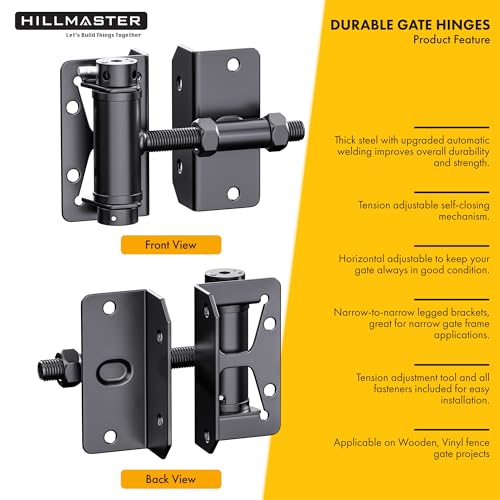Heavy Duty Self Closing Gate Hinges for Metal/Vinyl/PVC/Wood Fence,90 Degree Narrow Wood Door Hinges with Adjustable Tension,Gate Closer Hinges for Swing Door,Gate Hardware Kit,2 Pack/Set,Black Finish