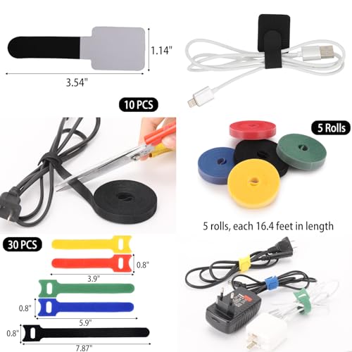 604 Pcs Cable Management Kit, 4 Cord Organizer Sleeve, 7 Cable Holder, 38 Adhesive Cord Clips, 40 Pcs+5 Roll Cable Organizer Straps 200 Cable Ties 300 Cable Wire Clips for PC TV Under Desk