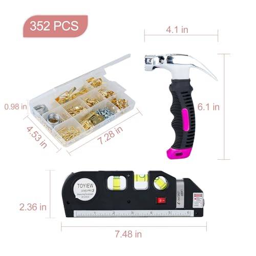 Picture Hanging Kit Tool, 352pcs Hanging Hardware with Heavy Duty Frame Hooks, Wire, Nails, D Rings, Photo Sawtooth Hangers, Wall Art Hanging Kit with Laser Level, Pink Claw Hammer