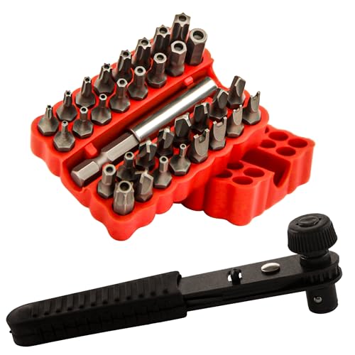 34pcs Security Bit Set 1/4 Inch Hex Shank Screwdriver Bit Set,Tamper Proof Bits-Torx+Hex+Tri Wing+Star+Spanner for Torx Security Screwdriver Set,High Hardness Impact Driver Bit Set(Red+BlackRatchet) - color: Red+blackratchet