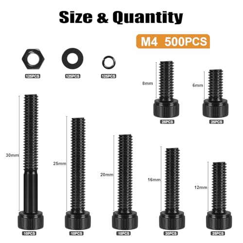 VGBUY 500Pcs M4 Screw Kit, Black M4 Screws (7 Sizes 6-30mm), Assorted Metric Nuts and Bolts Assortment Kit, Hex Socket Head Cap 6/8/12/16/20/25/30mm with Washer Nuts, 12.9 Grade - size: M4x6/8/12/16/20/25/30mm, style: Socket Head