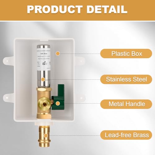 Ice Maker Outlet Box with Water Hammer Arrestor, 1/2-Inch Press x 1/4-Inch OD Compression with 1/4-Turn Ball Valve, Absorb Shock and Reduce Noise（Press tool required） - color: press/ss arrestor