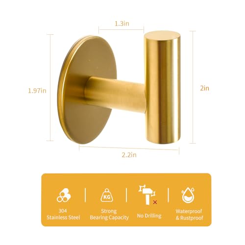 Vuzvuv Brushed Gold Self Adhesive Stainless Steel Towel Hooks (2-Pack) | SUS304, Self-Adhesive, Heavy Duty, Waterproof, Coat Robe Wall Hook for Bathrooms Kitchen Hotel - color: Gold-2 Pcs