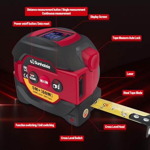 Laser Tape Measure 3 in 1 with Laser Level Crosshairs |196ft/60m LCD - color: Red