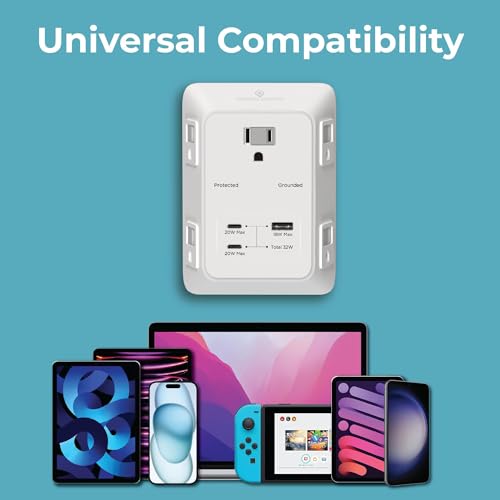 Travel Depot 5-Outlet Wall Outlet Extender with Surge Protector, (White) | 2 USB-C PD & 1 USB-A Charging Ports, 32W Fast Charging, Multi Plug Wall Adapter, 3-Sided Design for Home & Office - color: White