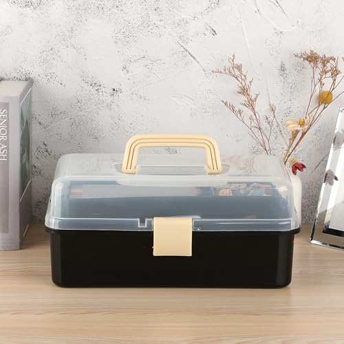 BTSKY 3-Layer Plastic Dividing Storage Box Craft Organizer and Storage - color: Black+Beige