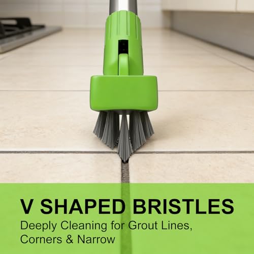 Grout Brush with Long Handle & Groove Gap Scrub Brush, Grout Cleaning Brush,V-Shape Grout Scrub Brush,Grout Cleaner Brush for Bathroom,Tile,Baseboard, Kitchen, Space Window Track, Corner
