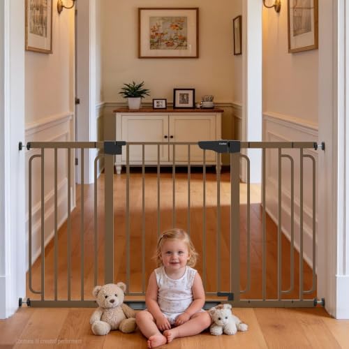 Cumbor 30.4-56.8" Extra Wide Baby Gate, Auto Close Dual Lock Dog Gate Brown - color: Brown, size: 30.4"-56.8" W x 30.5" H