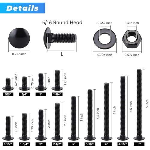 Glvaner (6 Sets) 5/16-18 x 5" Stainless Steel Carriage Bolts Screws Black and Hex Nuts & Flat Washers Black, Round Head Square Neck, 304 Stainless Steel 18-8, Full Thread Coverage - size: 5/16-18 x 5"