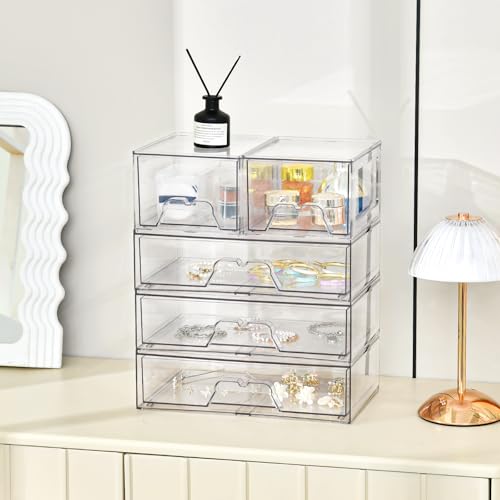 4 Pack Stackable Storage Drawers, Clear Acrylic Organizer, Makeup Organizer