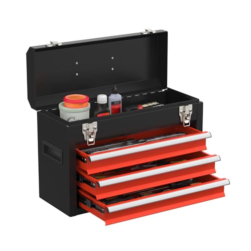 Portable Metal Tool Box with Drawers, Latches Tool Box with EVC Liners for Garage, Home and Workbench (Blackred) - color: Blackred