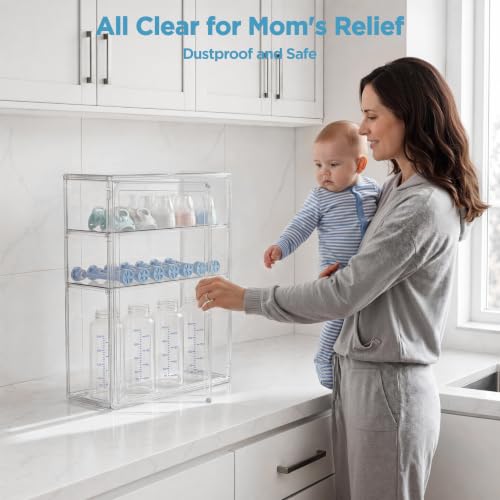 HBlife Baby Bottle Storage Organizer for Countertop Cabinet, 3 Tiers Adjustable Clear Acrylic Bottles Storage Station Case Box Container with 2 Removable Dividers and Magnetic Door, Medium - size: Medium, style: 3-Tier Single Door