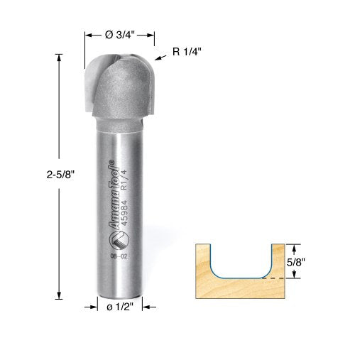 Amana Tool Bowl and Tray Plunge Router Bit, Carbide-Tipped, for Woodworking and CNC Routing, 45984, 1/4 Radius x 3/4 Dia x 5/8 x 1/2 Inch Shank - size: 1/4 Radius x 3/4 Dia x 5/8 x 1/2