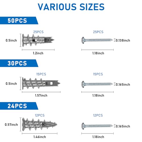 Zinc Self-Drilling Drywall Anchors with Screws Kit, 104 Pack 3 Size, 52 Heavy Duty Metal Wall Anchors and 52 Screws - size: 3size-52pcs