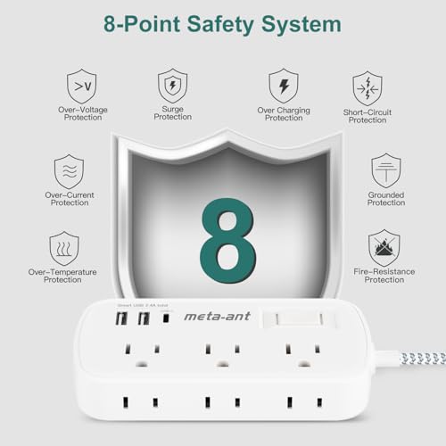 Small Power Strip 5 FT - Flat Plug Outlet Extender, 9-in-1 Surge Protector with 6 AC Outlets 3 USB (USB-C), 5ft Braided Extension Cord, Wall Mountable for Home Office Living Room TV Stand Bedside Desk - size: 5 FT