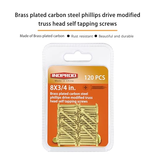 INDOROD #8 x 3/4" Truss Head Phillips Wood Screw (120 Pack), Brass Plated Screws, Self Tapping Wood Screws, Modified Truss Head, Brass Screws for Wood, 8 x 3/4 Inch, Gold - size: #8 x 3/4"