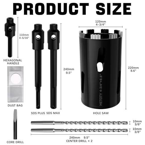 Diamond Core Drill Bit 4-3/4"(120mm) with Pilot Bit & Adapters (SDS Plus & Hex) – Upgraded Welded Segments, 8.6" Depth – for Concrete, Solid Brick, Hollow Brick, Masonry & More - size: (4-3/4"/120mm)