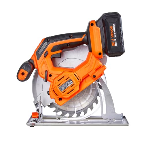 VEVOR 20V Cordless Circular Saw, 6-1/2" Brushless Circular Saw, 4700 RPM, 0-45 Degree Bevel Capability, LED Light, Electric Circular Saw Kit with Battery and Charger Included, for Wood Cutting - size: 6-1/2 in