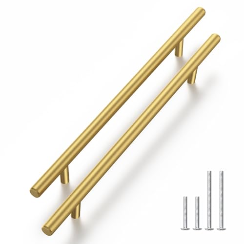 Haliwu 30 Pack 7-1/2in Gold Cabinet Handles for Kitchen Cabinet Handles | Stainless Steel, Gold Handles for Cabinets, Round T-Bar Shape, Brushed Gold Cabinet Pulls, Screws Included - size: 7-9/16 inch hole center