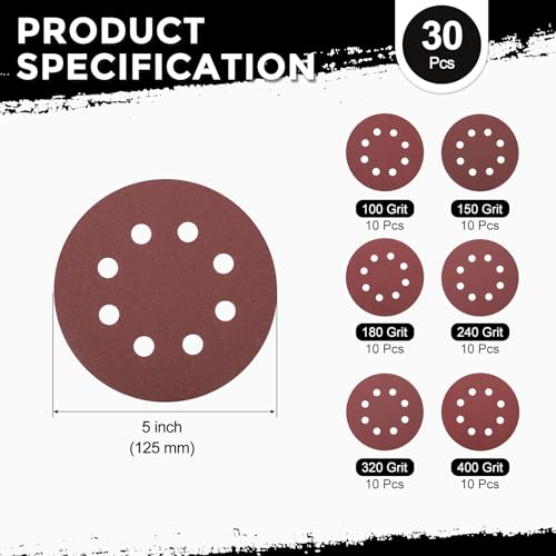 30Pcs Sanding Disc 5Inch 8 Hole Hook and Loop Sanding Paper - size: 5 Inch(100/150/180/240/320/400 Grit)