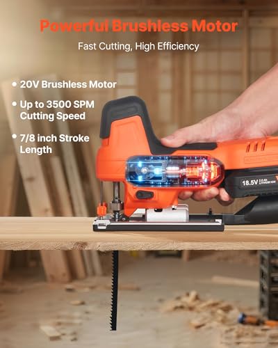 VEVOR 20V Cordless Jig Saw, 7/8" Brushless Jigsaw Tool for Makita 18V Battery, 3500 SPM & 6 Variable Speed, Battery & Charger, LED Light, 0-45° Bevel Cuts, 6 Blades, 4 Orbital Settings, Wood & Metal - size: 7/8 in-20V