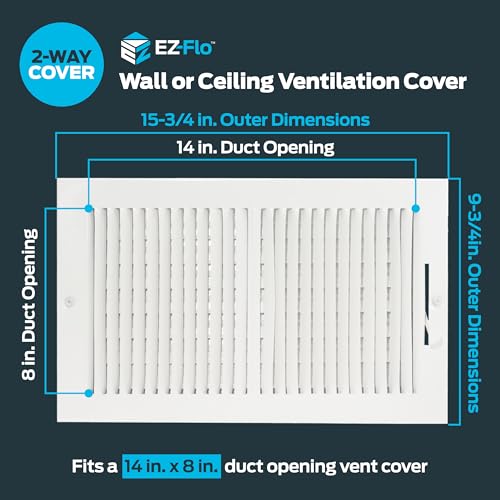 EZ-FLO 14 x 8 Inch (Duct Opening) Air Vent Cover for Wall or Ceiling, Two-Way Ventilation Register, Solid Steel HVAC Register Cover, White, 61662 - size: 14 in. x 8 in