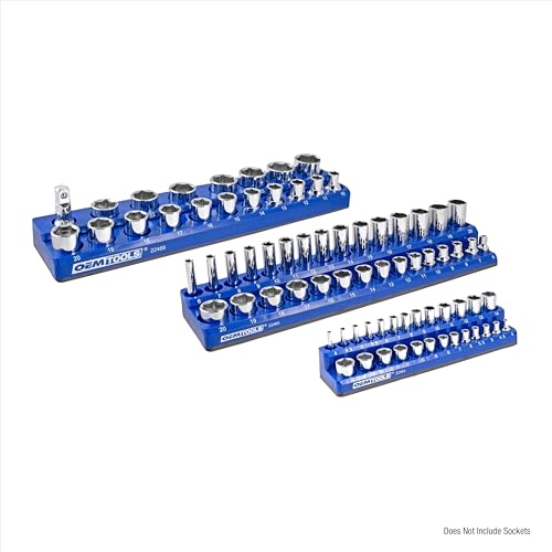 OEMTOOLS 22486 3-Pc Magnetic Socket Organizer to Hold 68 Metric Sockets | Metric Magnetic Socket Holder, Non-Marring Rubberized Base Socket Holders, 1/4, 3/8, 1/2 Inch Sizes, Clearly Marked Sizes - style: 3Pc Blue