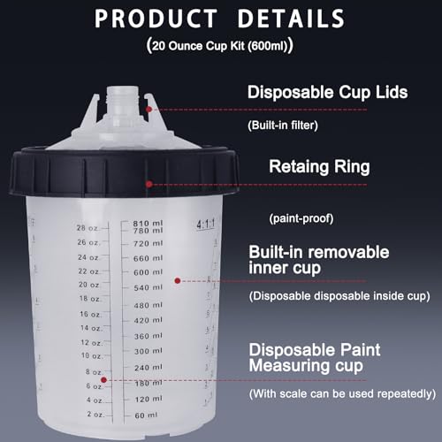 Disposable Paint Mixing Cup 27 Ounce (800ml) Kit,HVLP Paint Sprayer Gun Mixing Cups with 10 Cups and Lids System, 2 Plugs and 1 Hard Cup with Retainer Ring,Paint Stirrer (10)