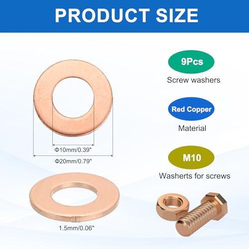 MECCANIXITY 9Pcs Flat Washer, M10 Copper Washers Copper Sealing Ring Crush Washer Kit Assortment, 10mm ID, 20mm OD, 1.5mm Thick for Bolts Screws Machinery Repair - size: 10mmx20mmx1.5mm