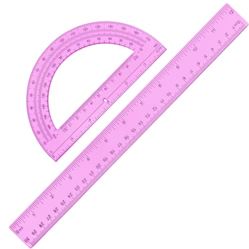 Zonon 2 Pcs 12 Inch Clear Ruler and 6 Inch Plastic Protractor Set, Pink - color: Pink