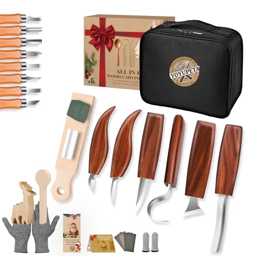 YOYUPETA Wood Carving Kit, 32-Piece Professional Whittling & Carving Tool Set with Walnut Handle Knives, Detail Gouges, Sharpening Stone, Strop, Basswood Blanks and Gloves for Adult Hobbyists & Craft - color: 32-Piece Wood Carving Tools