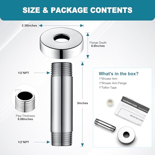 BRIGHT SHOWERS Shower Arm with Flange for Rainfall Shower Head, 3 Inch Ceiling Mount Straight Arm, Replacement Extension Pipe, Heavy-Duty Stainless Steel, Rust-Resistant, 1/2" NPT, Chrome - color: Chrome, style: 3 Inch