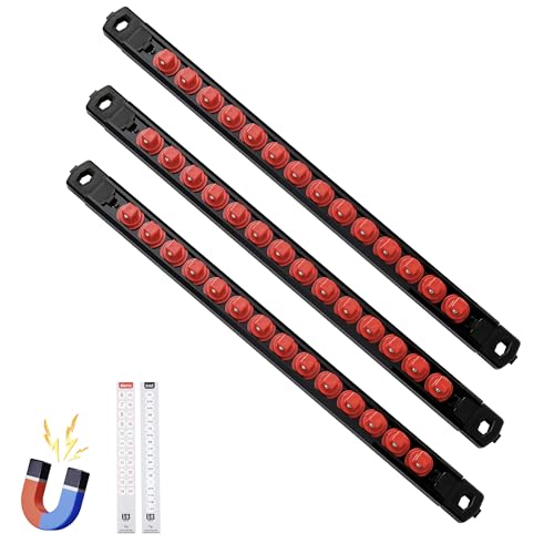 Reniteco Magnetic Socket Organizer, 3-Piece 3/8-Inch Drive ABS Sockets Rail, Heavy Duty Sockets Holder, Socket Rack Kit 3/8-Inch x 42 Clips - color: Red, size: 3 Pcs 3/8" DR