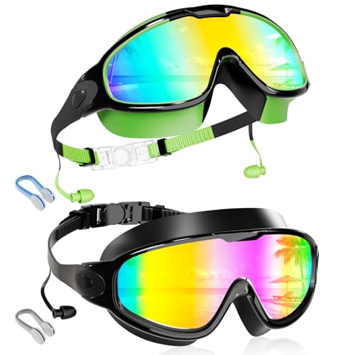 Aegend New Kids 2 Pack Wide View Swim Goggles, Anti-Fog/UV No Leak Goggles with Ear Plugs Kids 3-14 - color: Green Gold & Bright Rose