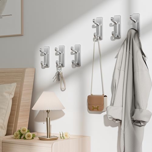 Silver Self Adhesive Hooks - 6 Pack Stick on Hanger. - color: Silver, size: 6 Pack