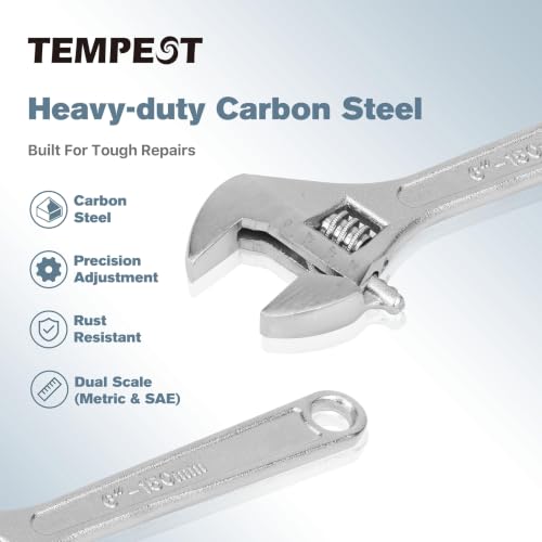 Tempest 6 Inch Adjustable Wrench, High-Torque Carbon Steel Wrench with Metric Scale,for Plumbing, Automotive Repair and Home DIY - size: 6 Inch