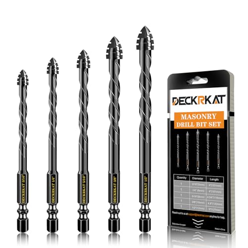 DECKRKAT Upgraded Black 4-Flute Serrated Masonry Drill Bit Set - 5-Piece Set (3/16" to 1/2") for Concrete, Tile, Glass, Brick, Ceramic, Plastic, - size: 5 Piece (3/16"-1/2"), style: 4-Flute Serrated Drill Bit
